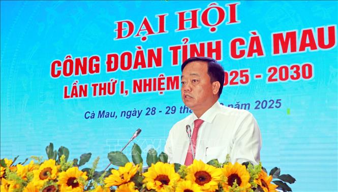 Phó Bí thư Thường trực Tỉnh ủy Cà Mau Huỳnh Quốc Việt phát biểu tại Đại hội. Ảnh: Huỳnh Anh - TTXVN