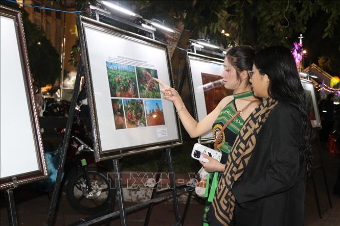 Khách tham quan các tác phẩm. Ảnh: Nguyên Dung - TTXVN
