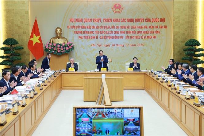 Thủ tướng Phạm Minh Chính chủ trì hội nghị triển khai Nghị quyết của Quốc hội về tháo gỡ khó khăn các dự án và phát triển kinh tế-xã hội vùng đồng bào dân tộc. Ảnh: Dương Giang-TTXVN