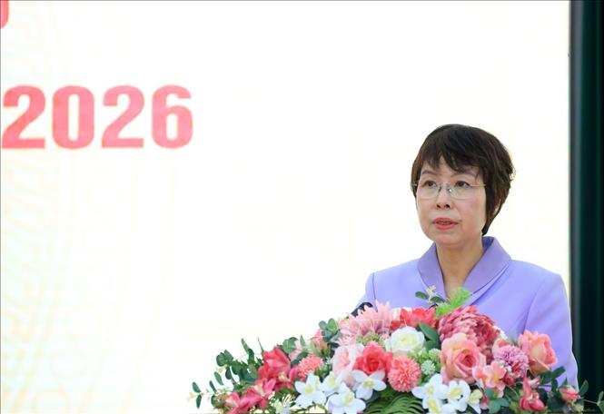 Đồng chí Vũ Việt Trang, Uỷ viên BCH Đảng bộ Chính phủ, Bí thư Đảng uỷ, Tổng Giám đốc, Chủ tịch Liên Chi hội Nhà báo TTXVN phát biểu. Ảnh: Tuấn Anh - TTXVN