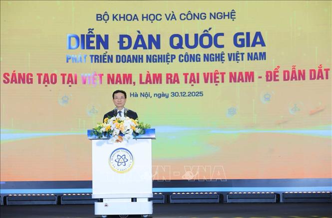 Bộ trưởng Bộ Khoa học và Công nghệ Nguyễn Mạnh Hùng phát biểu. Ảnh: Hoàng Hiếu - TTXVN
