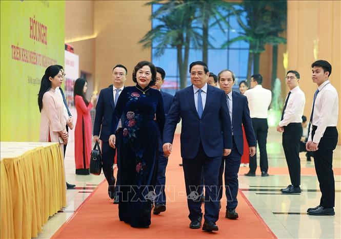 Thủ tướng Phạm Minh Chính đến dự hội nghị. Ảnh: Dương Giang-TTXVN