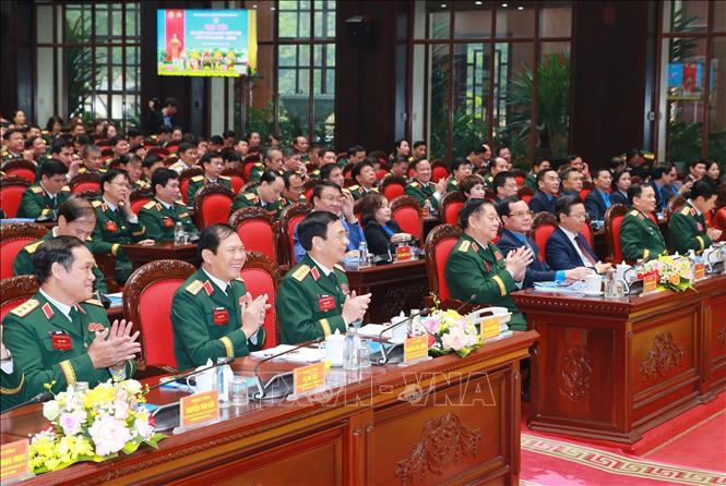 Đại tướng Phan Văn Giang và các đại biểu lãnh đạo Bộ Quốc phòng, Bộ Tổng Tham mưu, Tổng cục Chính trị QĐND Việt Nam, các Bộ, Ban ngành dự đại hội. Ảnh: Trọng Đức - TTXVN
