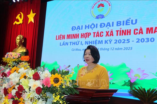 Bà Cao Xuân Thu Vân, Chủ tịch Liên minh HTX Việt Nam, phát biểu chỉ đạo Đại hội. Ảnh: Trung Hiếu - TTXVN