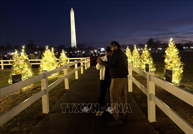 Du khách lưu lại hình ảnh kỷ niệm bên cây thông. Ảnh: Ngọc Quang – PV TTXVN tại Mỹ