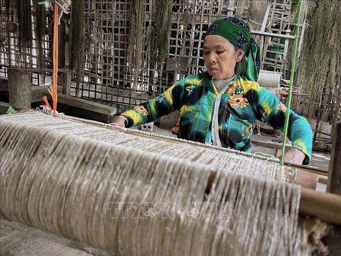 A Mong woman weaves fabric from linen threads. VNA Photo: Phương Anh/Photo by courtesy