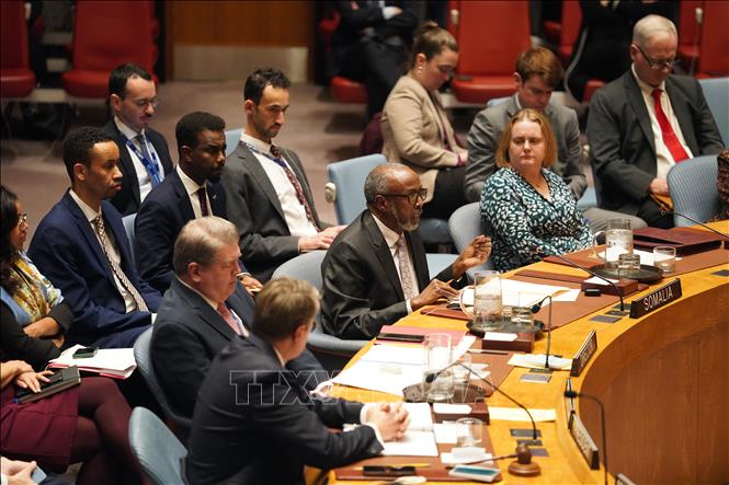 Đại sứ Somalia tại LHQ Abukar Dahir Osman (giữa, phía trước) phát biểu tại phiên họp khẩn của HĐBA LHQ ở New York (Mỹ) ngày 29/12/2025. Ảnh: THX/TTXVN