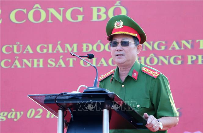Đại tá Diệp Văn Thế, Phó Giám đốc Công an tỉnh An Giang phát biểu. Ảnh: Văn Sĩ - TTXVN 