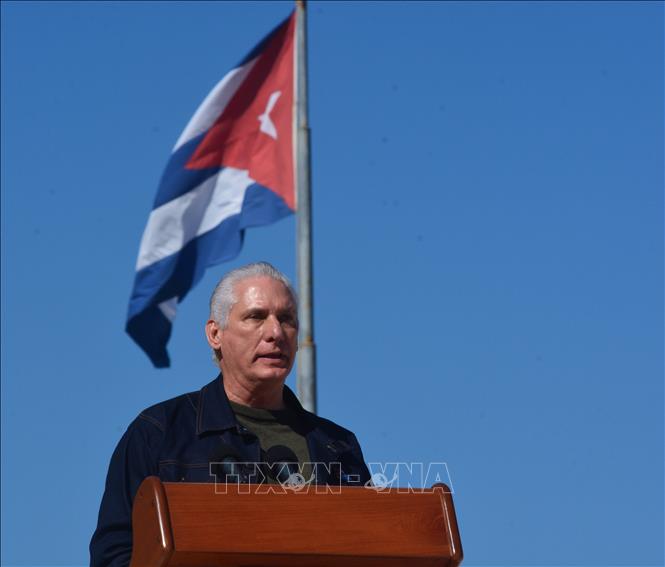 Chủ tịch Cuba Miguel Díaz-Canel kêu gọi cộng đồng quốc tế lên án hành động quân sự của Mỹ. Ảnh: Việt Hùng - PV TTXVN tại Cuba