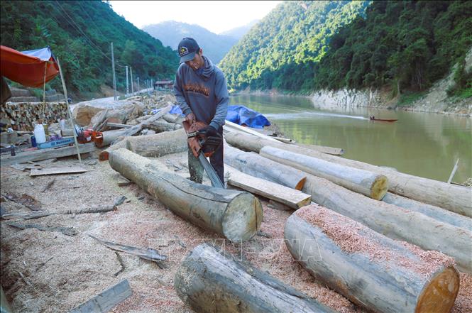 Người dân xẻ gỗ tại nhiều địa điểm dọc bờ sông Nậm Nơn đoạn từ xã Mỹ Lý đến xã Nhôn Mai (tỉnh Nghệ An)  để lấy nguồn vật liệu làm nhà mới. Ảnh: Xuân Tiến - TTXVN 
