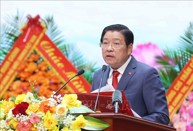 Đồng chí Phan Đình Trạc, Uỷ viên Bộ Chính trị, Bí thư Trung ương Đảng, Trưởng Ban Nội chính Trung ương đọc Diễn văn Lễ kỷ niệm. Ảnh: Phương Hoa - TTXVN