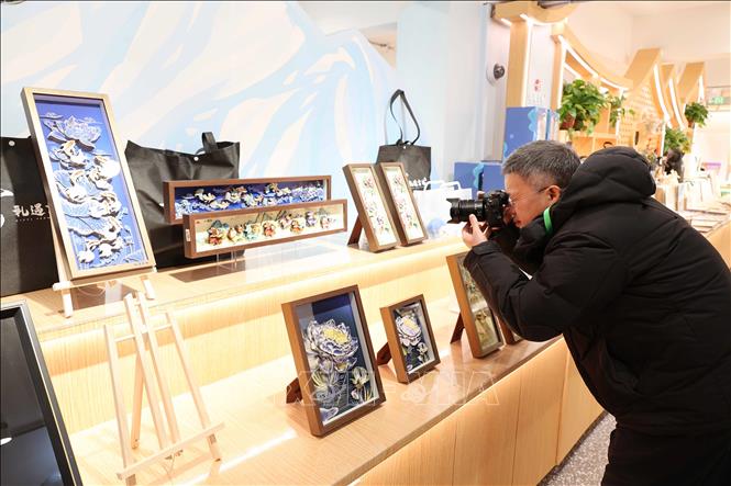Du khách tìm hiểu về nghệ thuật chế tác tranh da cá của tỉnh Cát Lâm. Ảnh: Công Tuyên-PV TTXVN tại Trung Quốc