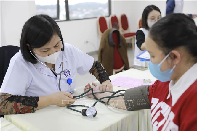 Nhân viên y tế Bệnh viện Đa khoa tỉnh Phú Thọ khám sức khỏe cho người hiến máu tình nguyện tại địa điểm Bệnh viện Hữu nghị Lạc Việt, phường Vĩnh Phúc sáng 5/1/2026. Ảnh: Hoàng Hùng -TTXVN
