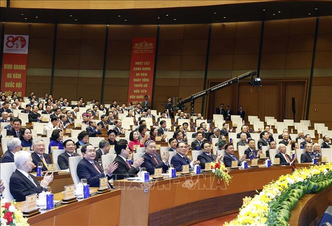 Tổng Bí thư Tô Lâm, các đồng chí lãnh đạo, nguyên lãnh đạo Đảng, Nhà nước dự Lễ kỷ niệm. Ảnh: Thống Nhất – TTXVN