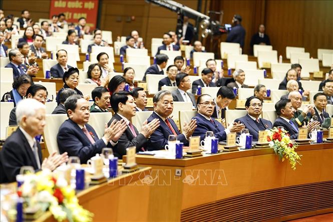 Tổng Bí thư Tô Lâm và các đồng chí lãnh đạo, nguyên lãnh đạo Đảng, Nhà nước và đại biểu dự Lễ kỷ niệm. Ảnh: Doãn Tấn - TTXVN