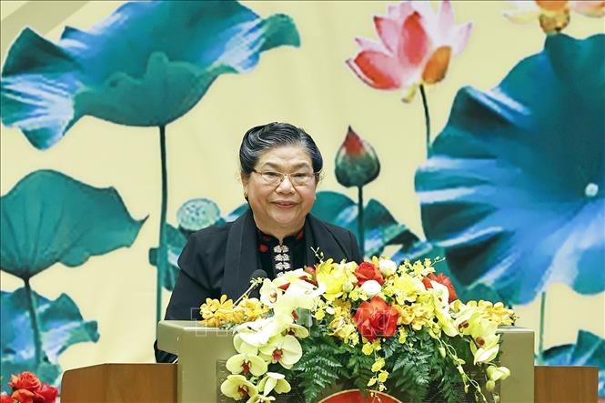 Đồng chí Tòng Thị Phóng, nguyên Ủy viên Bộ Chính trị, nguyên Phó Chủ tịch Thường trực Quốc hội phát biểu. Ảnh: Doãn Tấn - TTXVN