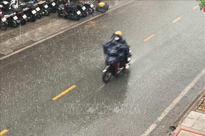 Người dân Thành phố Hồ Chí Minh đi trong cơn mưa trái mùa chiều 6/1/2026. Ảnh: Hồng Đạt - TTXVN 
