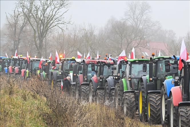 (Tư liệu) Nông dân tham gia biểu tình phản đối chính sách nông nghiệp của EU tại Nowy Dwor Gdanski, Ba Lan, ngày 18/12/2025. Ảnh: PAP/TTXVN