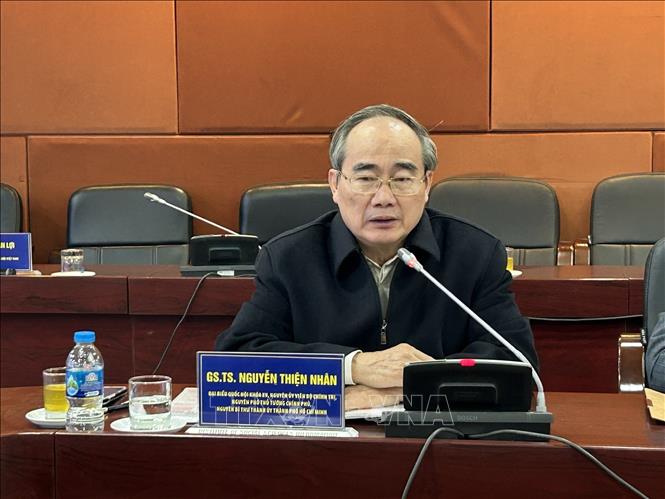 GS.TS Nguyễn Thiện Nhân, Đại biểu Quốc hội khóa XV, Nguyên Ủy viên Bộ Chính trị, Nguyên Phó Thủ tướng Chính phủ, Nguyên Bí thư Thành ủy Thành phố Hồ Chí Minh tại buổi tọa đàm. Ảnh: Diệu Thúy - TTXVN