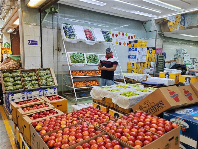 Hỏa quả và táo nhập khẩu từ Mỹ được bày bán tại chợ đầu mối thực phẩm Central de Abasto ở phía Đông thủ đô Mexico City.  Ảnh: Phương Lan- PVTTXVN tại Mexico