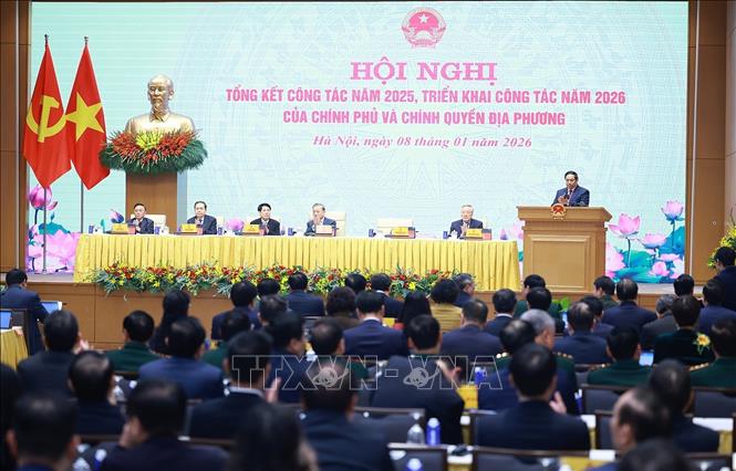 Thủ tướng Phạm Minh Chính khai mạc Hội nghị tổng kết công tác năm 2025, triển khai công tác năm 2026 của Chính phủ và chính quyền địa phương. Ảnh: Dương Giang-TTXVN