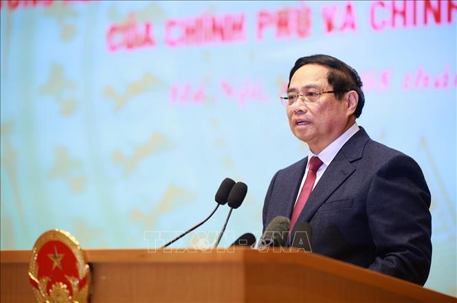 Thủ tướng Phạm Minh Chính phát biểu khai mạc Hội nghị tổng kết công tác năm 2025, triển khai công tác năm 2026 của Chính phủ và chính quyền địa phương. Ảnh: Dương Giang-TTXVN