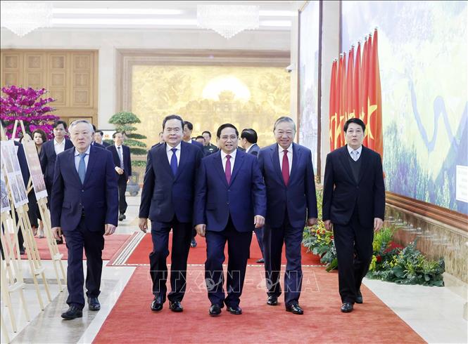 Tổng Bí thư Tô Lâm và các đồng chí lãnh đạo Đảng, Nhà nước dự Hội nghị. Ảnh: Thống Nhất – TTXVN