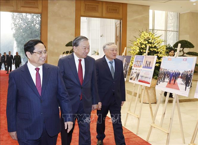 Tổng Bí thư Tô Lâm và các đồng chí lãnh đạo Đảng, Nhà nước dự Hội nghị. Ảnh: Thống Nhất – TTXVN