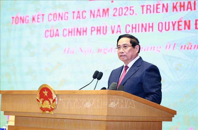 Thủ tướng Phạm Minh Chính phát biểu khai mạc Hội nghị tổng kết công tác năm 2025, triển khai công tác năm 2026 của Chính phủ và chính quyền địa phương. Ảnh: Dương Giang-TTXVN