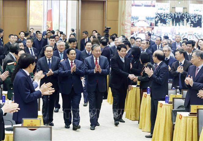 Tổng Bí thư Tô Lâm và các đồng chí lãnh đạo Đảng, Nhà nước dự Hội nghị. Ảnh: Thống Nhất – TTXVN