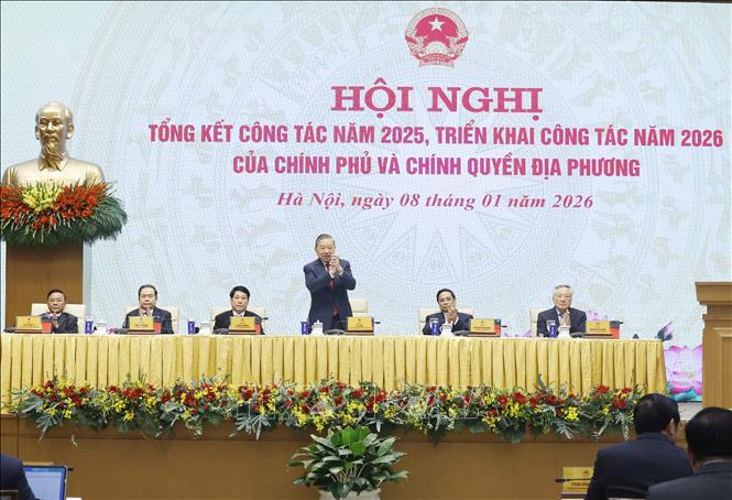 Tổng Bí thư Tô Lâm và các đồng chí lãnh đạo Đảng, Nhà nước dự Hội nghị tổng kết công tác năm 2025, triển khai công tác năm 2026 của Chính phủ và chính quyền địa phương. Ảnh: TTXVN