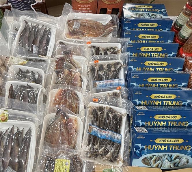 Các sản phẩm khô cá đạt chuẩn OCOP 3 sao và 4 sao của Đồng Tháp. Ảnh: Hồng Nhung - TTXVN
