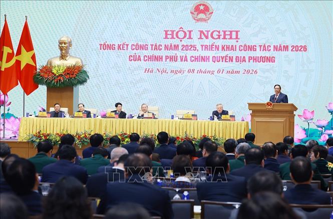 Thủ tướng Phạm Minh Chính phát biểu tại Hội nghị tổng kết công tác năm 2025, triển khai công tác năm 2026 của Chính phủ và chính quyền địa phương. Ảnh: Dương Giang-TTXVN