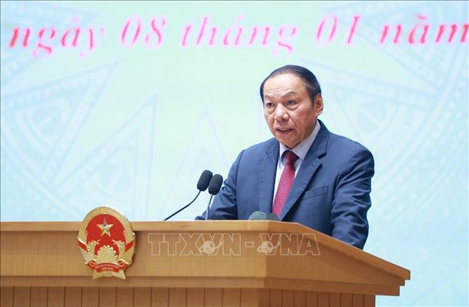 Bộ trưởng Bộ Văn hoá Thể thao và Du lịch Nguyễn Văn Hùng phát biểu tham luận tại Hội nghị tổng kết công tác năm 2025, triển khai công tác năm 2026 của Chính phủ và chính quyền địa phương. Ảnh: Dương Giang-TTXVN