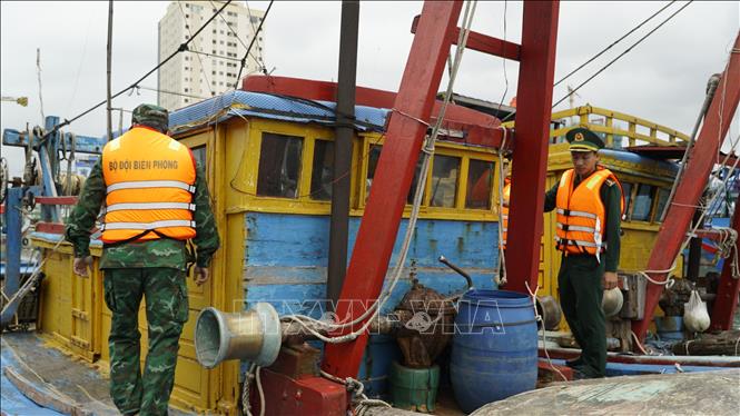 BĐBP Gia Lai kiểm tra tàu cá không đủ điều kiện hoạt động. Ảnh: Đình Quân - TTXVN                           