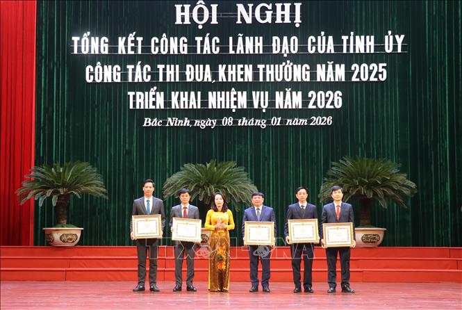 Các cá nhân được nhận Bằng khen của Ban Thường vụ Tỉnh ủy Bắc Ninh. Ảnh: Thanh Thương - TTXVN