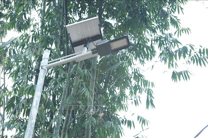 Công trình “Thắp sáng đường quê” được thi công, lắp đặt 15 bóng đèn năng lượng mặt trời trên tuyến đường chính dài khoảng 1.000 m tại thôn Tống Trong, xã Trạm Tấu, với tổng kinh phí khoảng 100 triệu đồng. Ảnh: TTXVN phát 

