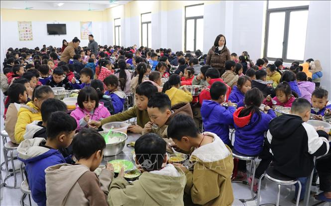 Nhà trường chăm lo bữa ăn ấm nóng nhằm đảm bảo sức khỏe cho học sinh Trường PTDT Bán trú Tiểu học xã biên giới Tùng Vài (Tuyên Quang) trong những ngày giá rét. Ảnh: Đức Thọ - TTXVN