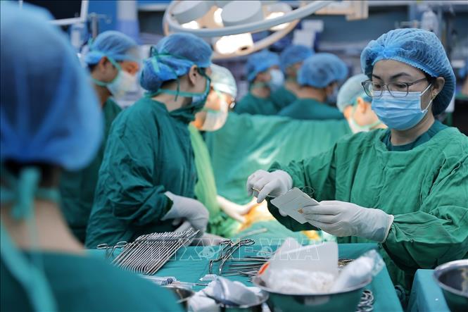 Quy trình lấy và ghép phổi vô cùng phức tạp, yêu cầu trình độ kỹ thuật cao và sự hỗ trợ của nhiều lĩnh vực chuyên sâu như bảo quản và vận chuyển tạng bằng công nghệ hiện đại, kiểm soát nhiễm khuẩn nghiêm ngặt, gây mê hồi sức, phẫu thuật lồng ngực, huyết học, phục hồi chức năng và dinh dưỡng... Ảnh: Minh Quyết – TTXVN