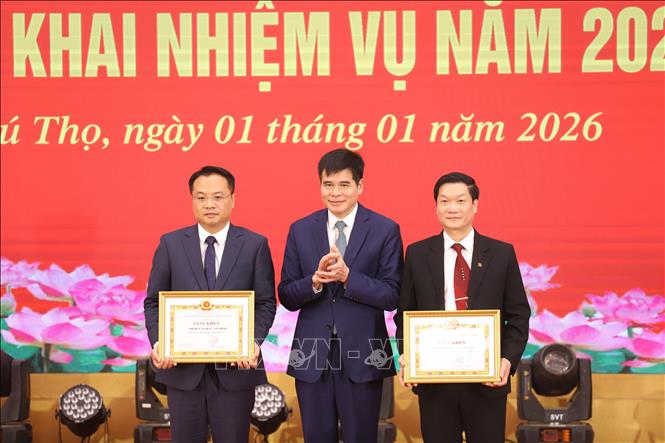 Giám đốc Sở Văn hóa thể thao và Du lịch tỉnh Phú Thọ Dương Hoàng Hương trao Giấy khen cho đại diện tập thể có thành tích tiêu biểu trong năm 2025. Ảnh: Trọng Đạt - TTXVN