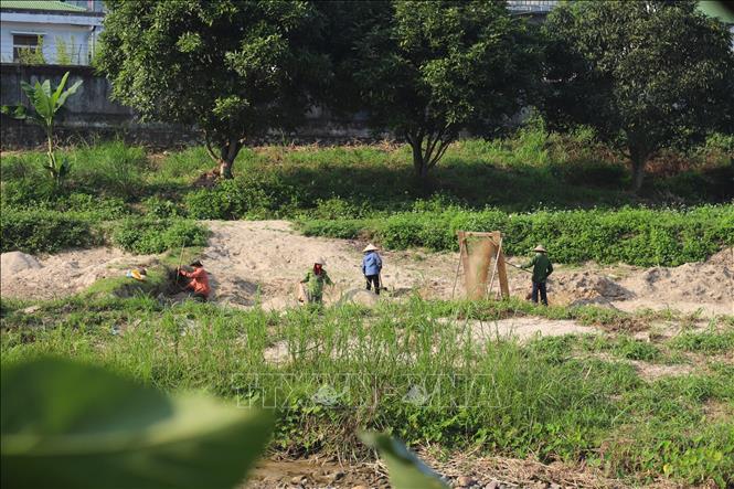 Người dân sàng cát trên bãi bồi ven suối khu vực gần quốc lộ 16 đoạn chạy qua địa bàn xã Quế Phong (Nghệ An). Ảnh: Xuân Tiến - TTXVN 