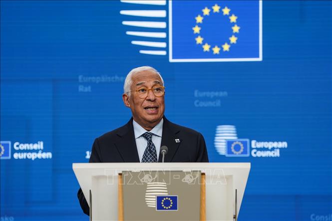 Chủ tịch Hội đồng châu Âu Antonio Costa tại cuộc họp báo ở Brussels, Bỉ. Ảnh: THX/TTXVN