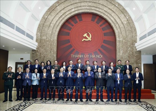 Tổng Bí thư Tô Lâm, Thủ tướng Phạm Minh Chính, Chủ tịch Quốc hội Trần Thanh Mẫn và các đại biểu. Ảnh: Thống Nhất – TTXVN