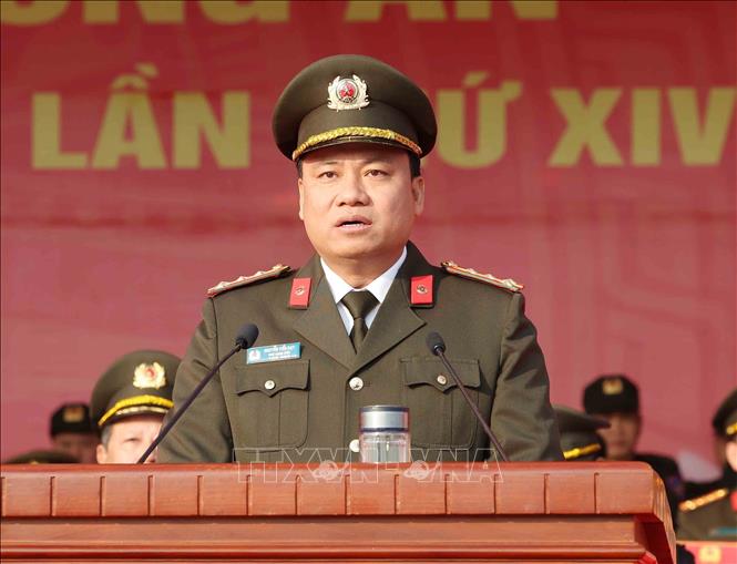 Đại tá Nguyễn Tiến Đạt, Phó Giám đốc Công an thành phố Hà Nội phát biểu tại buổi lễ. Ảnh: Phương Hoa - TTXVN