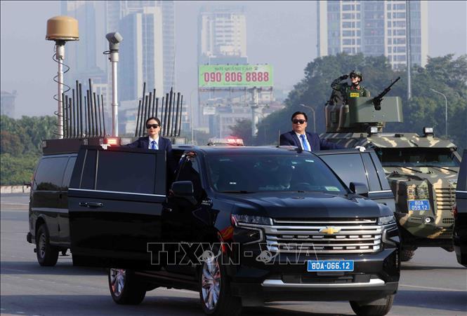 Khối xe bảo vệ, hộ tống Lãnh đạo Đảng, Nhà nước và đoàn khách quốc tế tham gia diễu hành phương tiện đặc chủng của Bộ Công an. Ảnh: Phạm Kiên - TTXVN