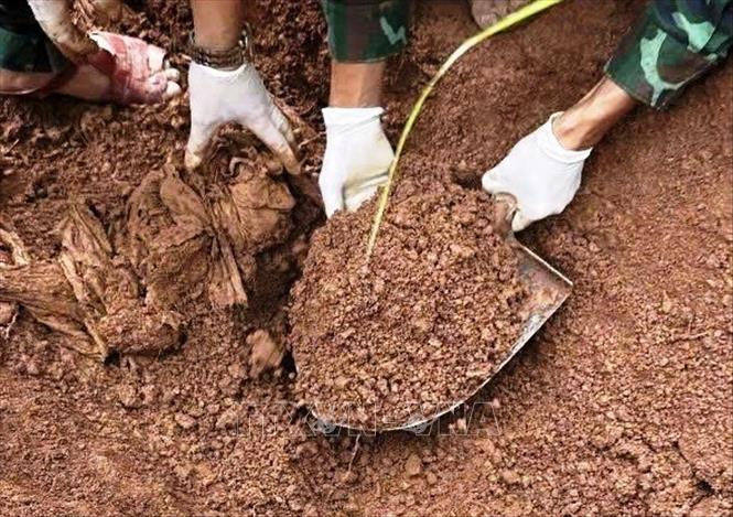 Các hài cốt được tìm thấy ở độ sâu 0,8 - 1m; được bọc trong tăng, kèm theo các di vật. Ảnh: TTXVN phát