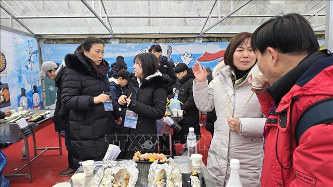 Du khách thưởng thức các món ăn từ cá hồi câu được tại lễ hội. Ảnh: Đức Thắng - Pv TTXVN tại Hàn Quốc 