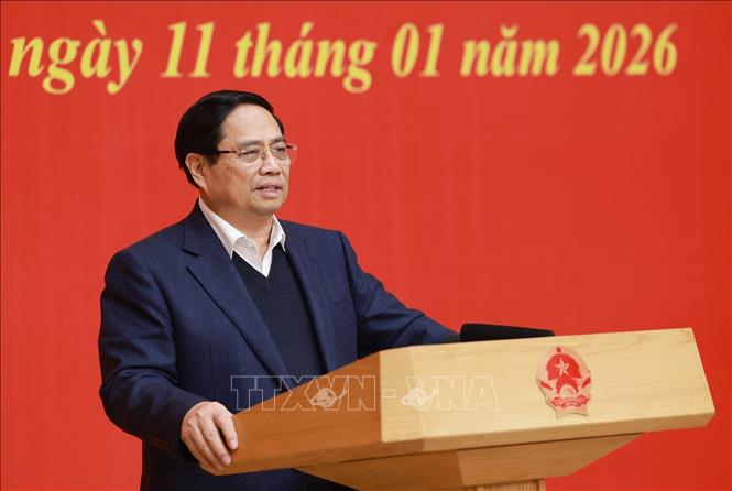 Thủ tướng Phạm Minh Chính phát biểu chỉ đạo Hội nghị triển khai phương hướng, nhiệm vụ năm 2026 của Ban Chấp hành Đảng bộ Chính phủ. Ảnh: Dương Giang-TTXVN