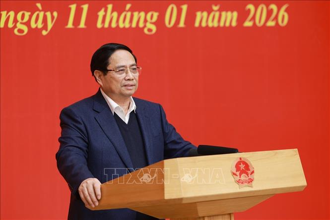Thủ tướng Phạm Minh Chính phát biểu chỉ đạo Hội nghị triển khai phương hướng, nhiệm vụ năm 2026 của Ban Chấp hành Đảng bộ Chính phủ. Ảnh: Dương Giang-TTXVN