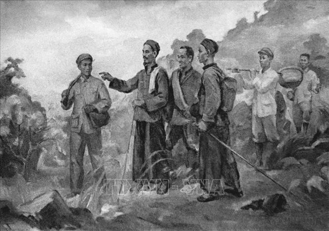 Ngày 28/1/1941, lãnh tụ Nguyễn Ái Quốc và các đồng chí Lê Quảng Ba, Phùng Chí Kiên, Thế An, Đặng Văn Cáp, Hoàng Văn Lộc vượt qua mốc 108 biên giới Việt Nam - Trung Quốc về đến Pác Bó (xã Trường Hà, Hà Quảng, Cao Bằng), trực tiếp lãnh đạo cách mạng. Ảnh: TTXVN phát